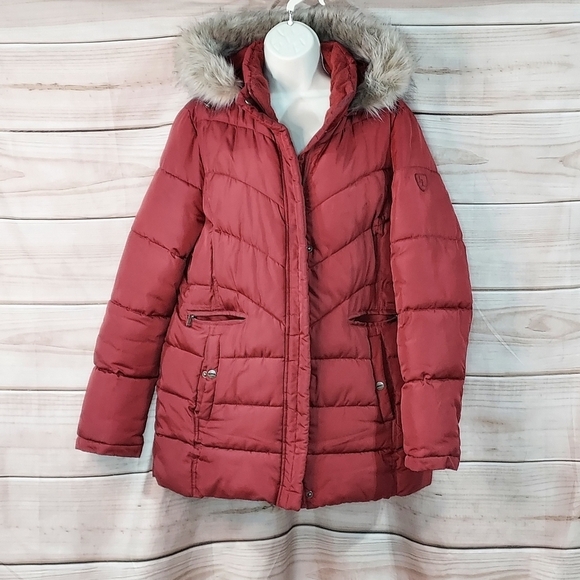 Larry Levine puffer jacket fur trim hood pockets quilted chevron rust red L - Picture 3 of 13